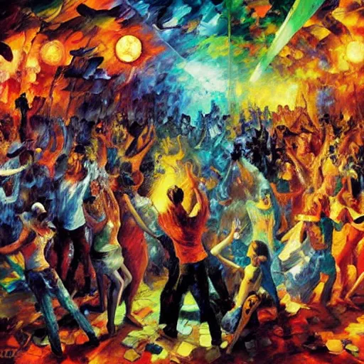 Image similar to rave dance party by paul lehr, arthur adams, charlie bowater, leonid afremov, chiho ashima, karol bak, david bates, tom chambers