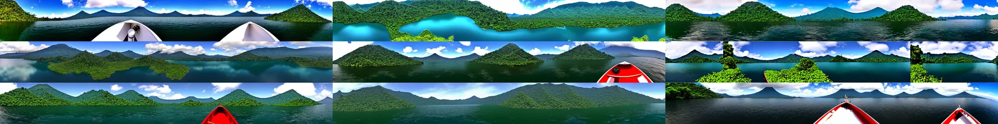 Prompt: wide angle view, 3d stereoscopic equirectangular 360 on a small boat at lake Batur, fov 90 degrees, horizon centered, yaw 0 degrees