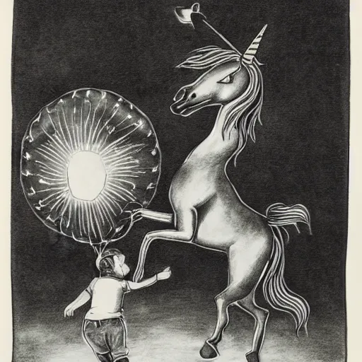 Image similar to a child with balloons getting attacked by a unicorn, black ink on paper