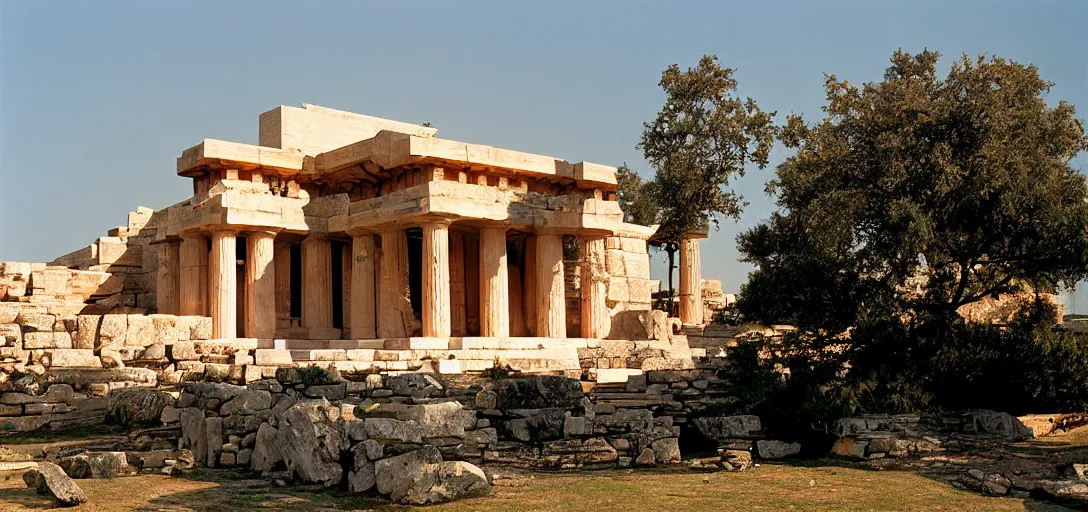 Image similar to ancient greek building designed by frank lloyd wright. fujinon premista 1 9 - 4 5 mm t 2. 9. portra 8 0 0.