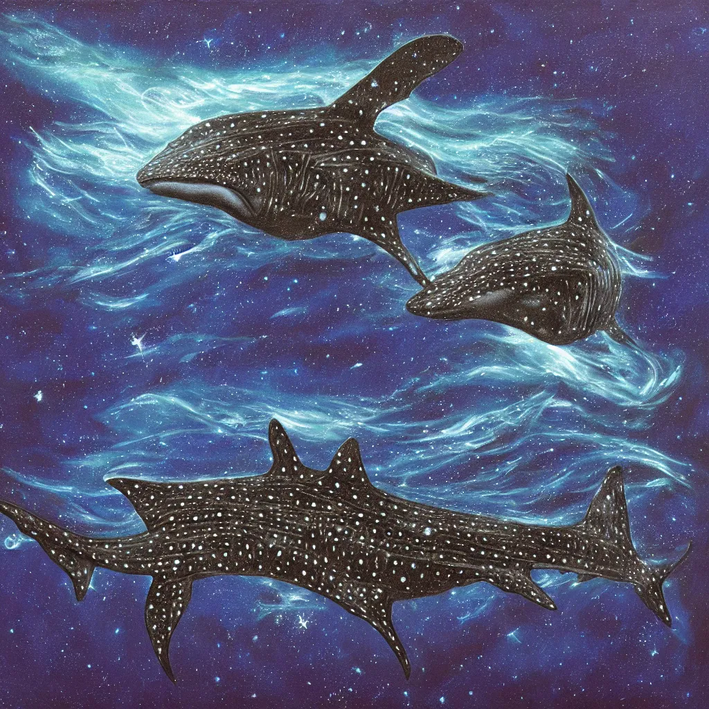 Image similar to oil painting of a whale shark flying in front of a swirling galaxy, shimmering stars, milky way