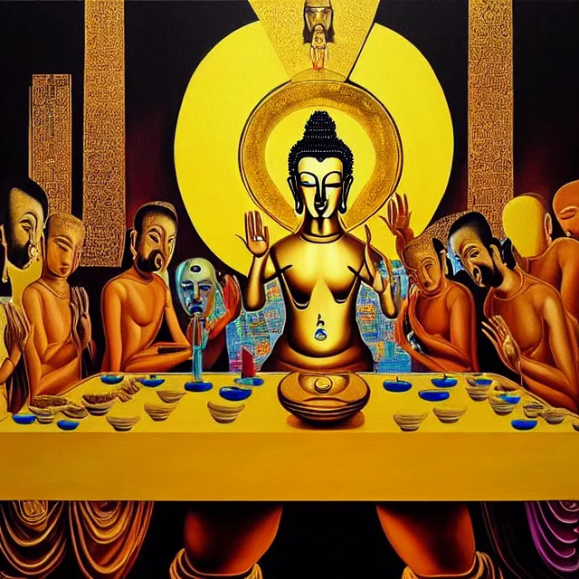 Image similar to a beautiful painting cyberpunk gold buddha the last supper, by salvador dali realistic oil painting