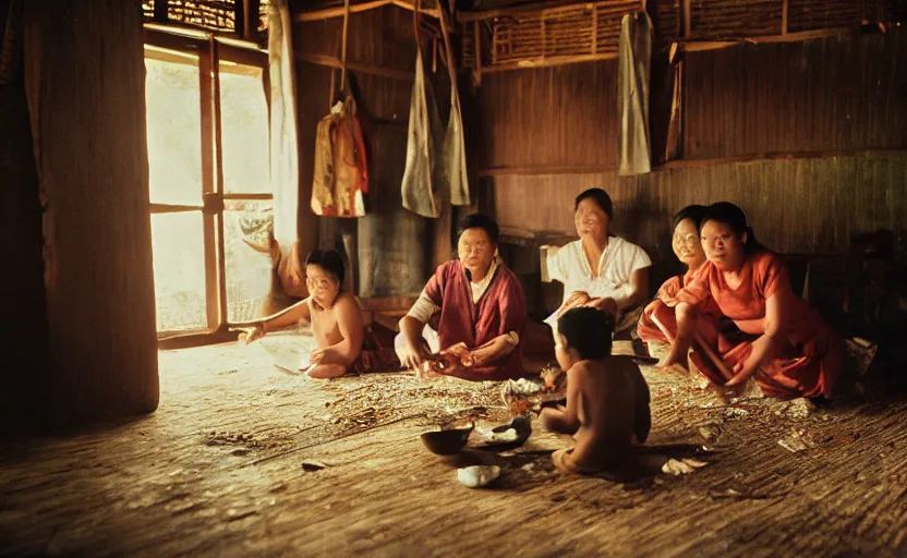 Image similar to a cinematic photograph of an Indonesian family inside their traditional house, by Gregory Crewdson, shot on 35mm film camera, natural lighting, 8K,