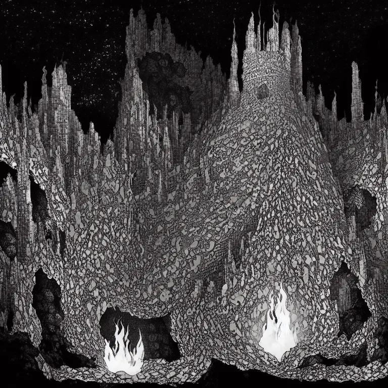 Prompt: the kiln of the first flame from dark souls 3, infinite fractal tesseract, vibrant, synthwave, highly detailed, cinematic, art by kentaro miura, inio asano, aubrey beardsley, kubrick