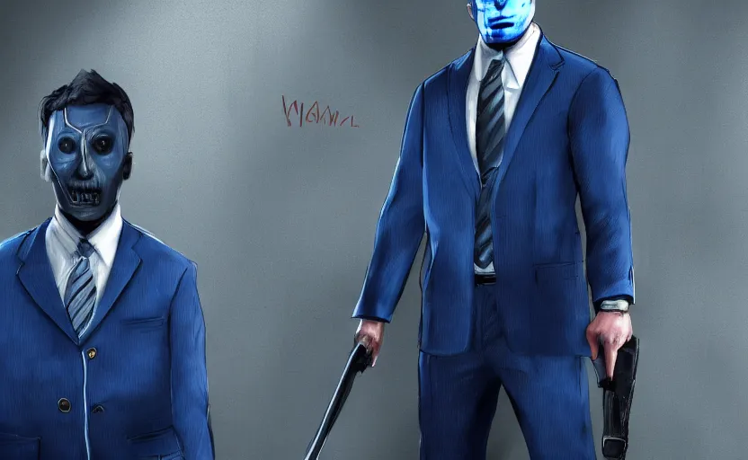 Prompt: cinematic view of a dead by daylight killer lawyer wearing a blue business suit, character portrait, digital art