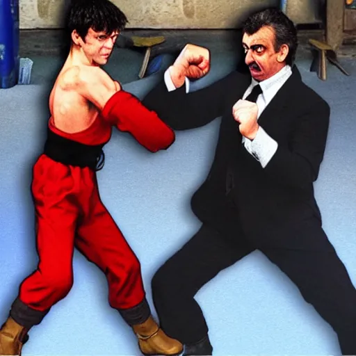 Image similar to photo of rowan atkinson fist fighting hugh laurie, street fighter style, high detail