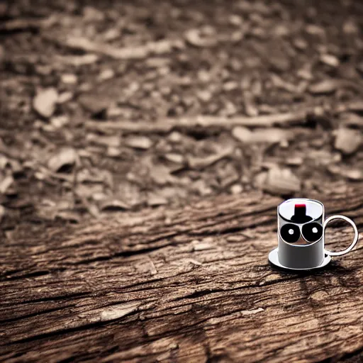 Image similar to a single metal paperclip with googly eyes, next to a steamy cup of coffee, in the woods, photography, depth of field, very symmetric, rule of thirds, 4 k resolution