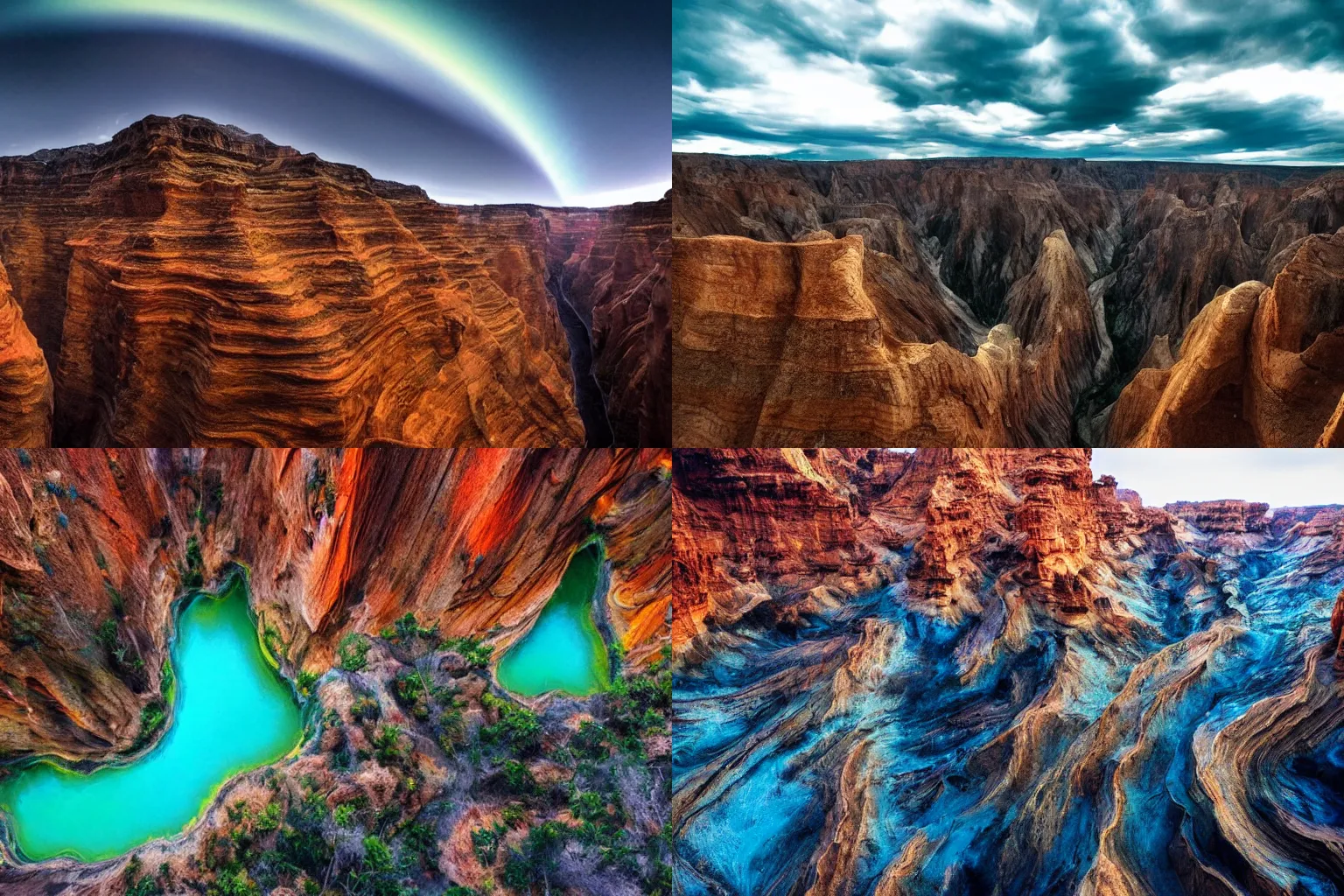 Prompt: photo from the edge of a huge gorgeous canyon on an alien world, bizarre and beautiful geographical features, stunning iridescent clouds, ferrofluid oceans, professional nature photography