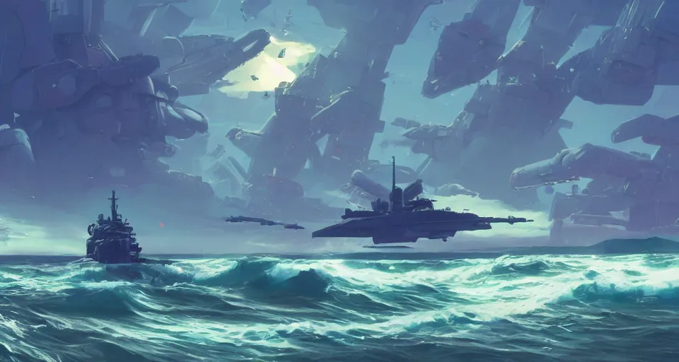 Image similar to A very beautiful serene coast landscape scene with a GIANT MECHA style BATTLESHIP looming in the distance, bright sunny waves splashing on the beach, rendered by simon stålenhag, rendered by Beeple, Makoto Shinkai, syd meade, environment concept, digital art, Gundam style, starwars, unreal engine, 3 point perspective, WLOP, trending on artstation, low level, 4K UHD image, octane render,