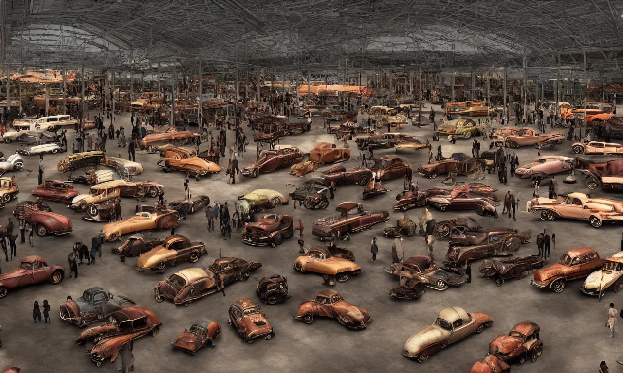 Image similar to exhibition hall full of rusty old restomods cars, plants and observing crowd people, postapo style, high detail, volumetric lighting, from new movie by digital domain and weta digital, strong ambient occlusion