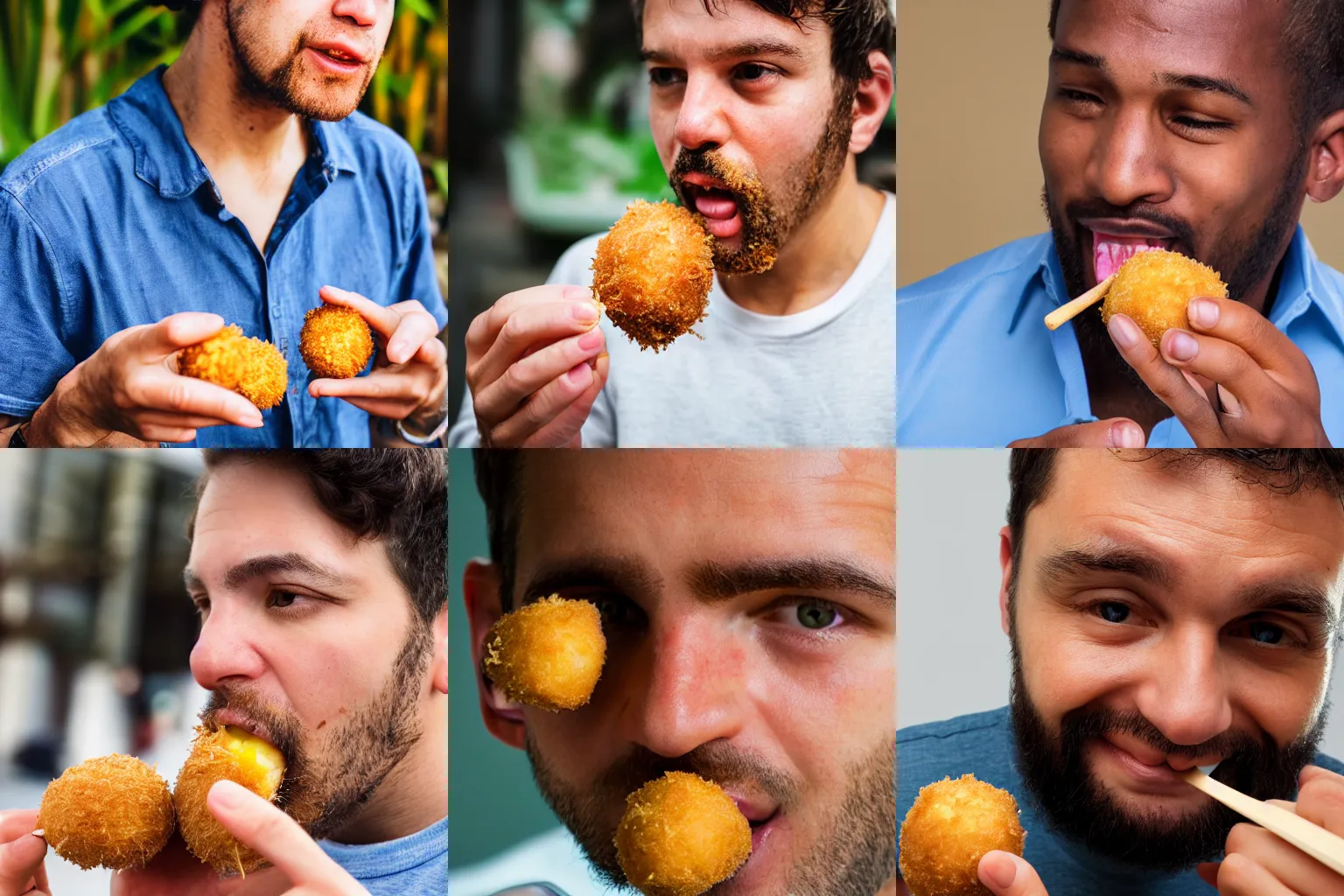 Prompt: closeup headshot photo of the man tasting a croquette, detailed face details