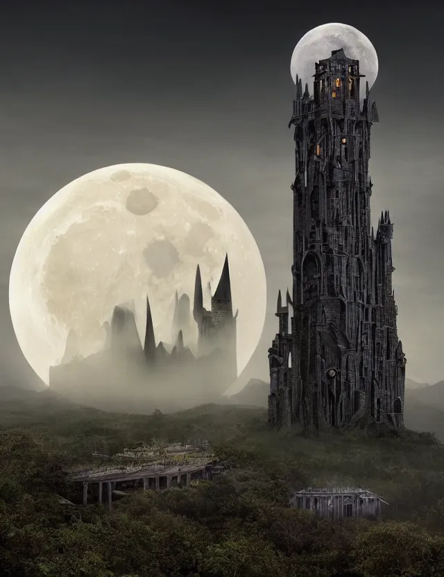 Prompt: A hyper realistic matte painting of a massive wizard\'s tower silhouetted against a huge moon. The tower has glowing engraved runes and dark windows an ominous sky an eerie jungle at twilight by michael whelan, keith parkinson, James Gurney and Gregory Crewdson. Subject in view, golden ratio composition, moody volumetric lighting, very wide shot, f11:10, trending on artstation and cgsociety