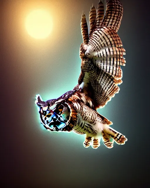 Prompt: an extremely detailed masterpiece photo of a western screech - owl in flight, in the style of brian froud, brian despain, brian bolland, digital art, unreal engine, volumetric lighting, dark moody lighting, trending on artstation, photorealistic, epic scene