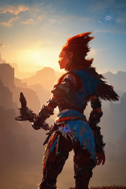 Image similar to combination suit armor aloy horizon forbidden west horizon zero dawn radiating a glowing aura global illumination ray tracing hdr fanart arstation by ian pesty and alena aenami artworks in 4 k tribal robot ninja mask helmet backpack