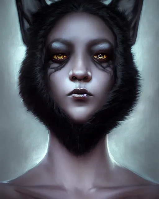 Image similar to a portrait of black furry shadow nightmare monster hybrid human in a background of deep shadows, illustration, dramatic lighting, soft details, painting oil on canvas, art nouveau, octane render, HDR, 4k, 8k, HD, by Edmund Blair Leighton, Brom, Charlie Bowater, trending on artstation, Tom Bagshaw, faces by otto Schmidt