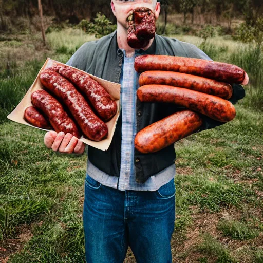 Prompt: a portrait of bogan holding a bouquet of sausages, canon eos r 3, f / 1. 4, iso 2 0 0, 1 / 1 6 0 s, 8 k, raw, unedited, symmetrical balance, in - frame