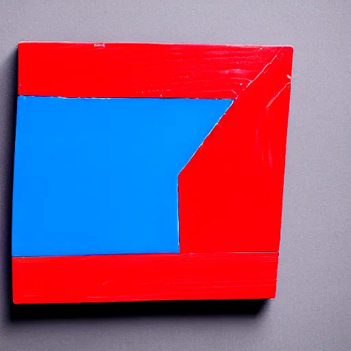 Image similar to A red block on a blue block on a table