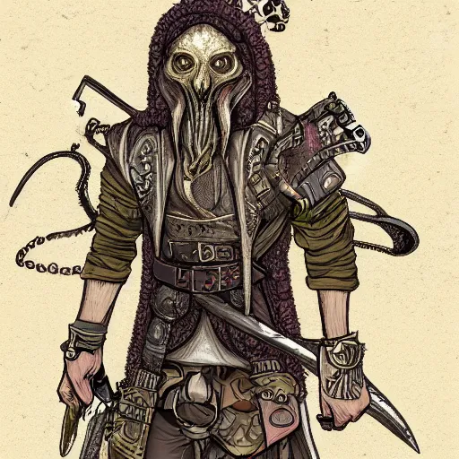 Prompt: a full body illustration of a lovecraft steampunk warrior