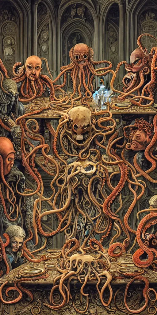 Prompt: group of mages with human bodies and octopus heads and group of mages with medusa heads sitting near the table and arguing in an ancient mage castle with enormous scale, gothic and baroque, brutalist architecture, ultradetailed, Intricate by James Jean and Josan Gonzalez and John Howe and Giuseppe Arcimboldo