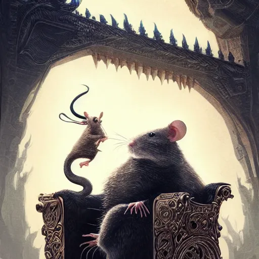 Image similar to rat overlord sitting on throne with hundreds of humans wordhipping, ssci - fi and fantasy, intricate and very very beautiful and elegant, highly detailed, digital painting, artstation, concept art, smooth and sharp focus, illustration, art by greg rutkowski