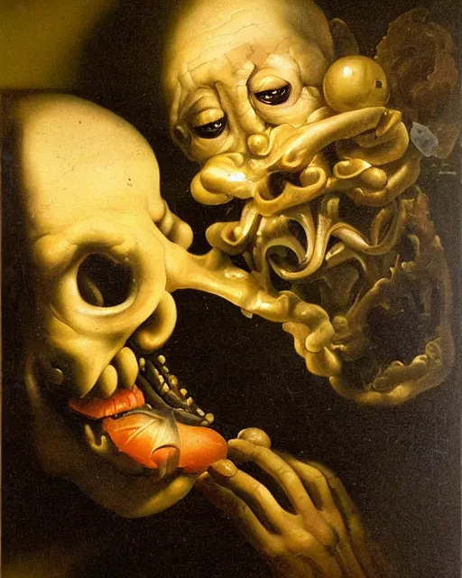 Image similar to refined dutch golden age vanitasgorgeous blended oil painting with black background by christian rex van minnen rachel ruysch dali todd schorr of a chiaroscuro portrait of an extremely bizarre disturbing mutated man with shiny skin acne dutch golden age vanitas intense chiaroscuro cast shadows obscuring features dramatic lighting perfect composition masterpiece