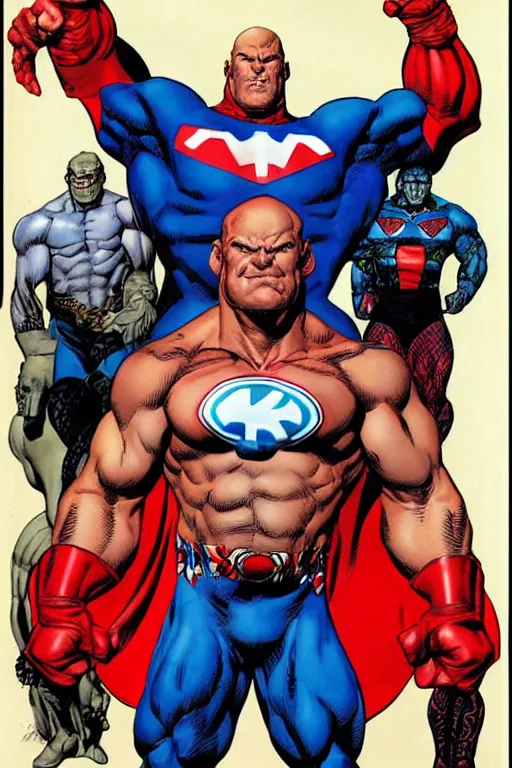 Prompt: upper body and head portrait of massive hulking martyn ford as marvel comic's captain britain wearing a costume by rick berry, norman rockwell, jason fabok. jack kirby, tom lovell