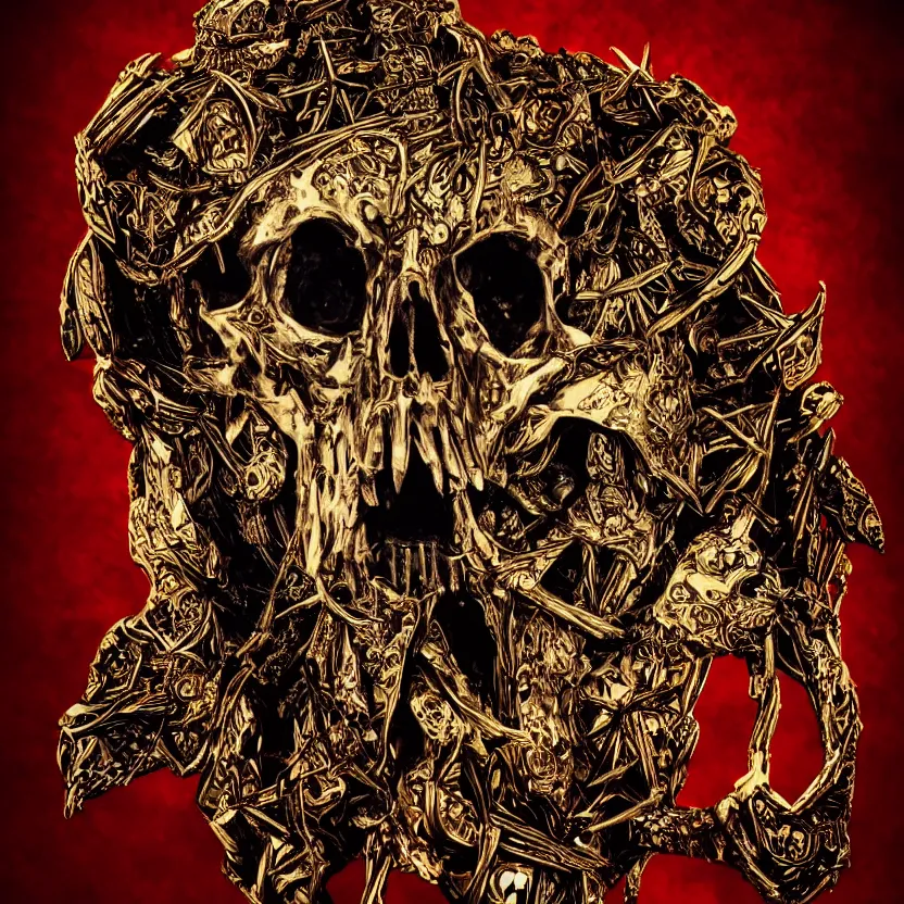 Image similar to photo portrait portrait of skull of wolf, lying on bones, dramatic lighting, golden ornaments, symmetric, intricate skeletal decorations, symmetry, highly detailed, concept art, black, red, white, gold layers, super moon, style of nekroxiii, hyperrealistic, dark background, smoke