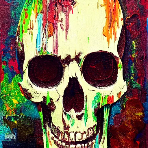 Image similar to skull glitchpunk glitchcore oil painting, portrait, palette knives, intricate complexity, rule of thirds, in the style of Kazuki Tanahashi, Genzoman