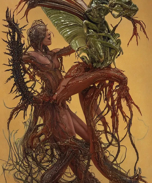 Prompt: a portrait photograph of a fierce lizzy caplan as an alien harpy queen with slimy amphibian skin. she is trying on evil bulbous slimy organic membrane fetish fashion and transforming into a fiery succubus amphibian wasp. by donato giancola, walton ford, ernst haeckel, brian froud, hr giger. 8 k, cgsociety