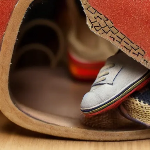 Prompt: a tiny man living inside a dirty womens shoe
