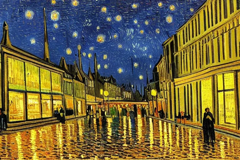 Image similar to oil painting of modern Eindhoven city by night, painted by Vincent van Gogh