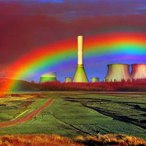 Image similar to A Masterpiece Landscape of a broken down nuclear power station, Nuclear blast imminent, nuclear reactor going critical. Rainbow Color Scheme