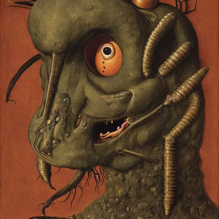 Image similar to close up portrait of a mutant monster creature with facial features resembling a medieval steel helmet, beetle eyes and antennae. by jan van eyck, walton ford