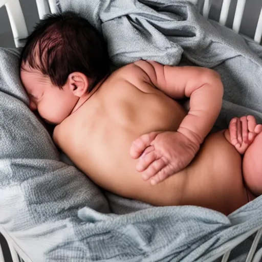 Prompt: huge muscles bodybuilder baby sleeping in a crib, newborn picture, barrel chested, rippling muscles, huge veins, bulging muscles, ripped, award winning photography, high detail