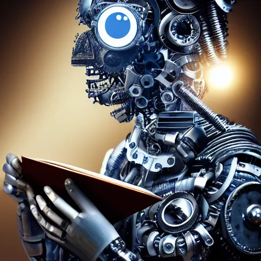 Image similar to a beautiful intricate fine art portrait photo of a happy mechanical industrial steampunk robot reading a letter of admission held in hands, by anna dittman and zach sutton, eyes glowing, happiness!, perfection!, studio lighting, golden ratio composition, 50mm lens, bionic, cybernetic scifi, deep depth of field, artstation, 8K