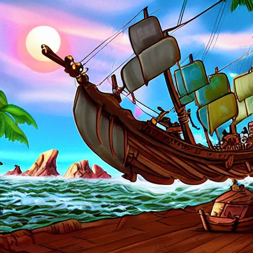 Image similar to a pirate ship near a skull shaped island, by Bill Tiller, monkey island game, game concept art, colorful