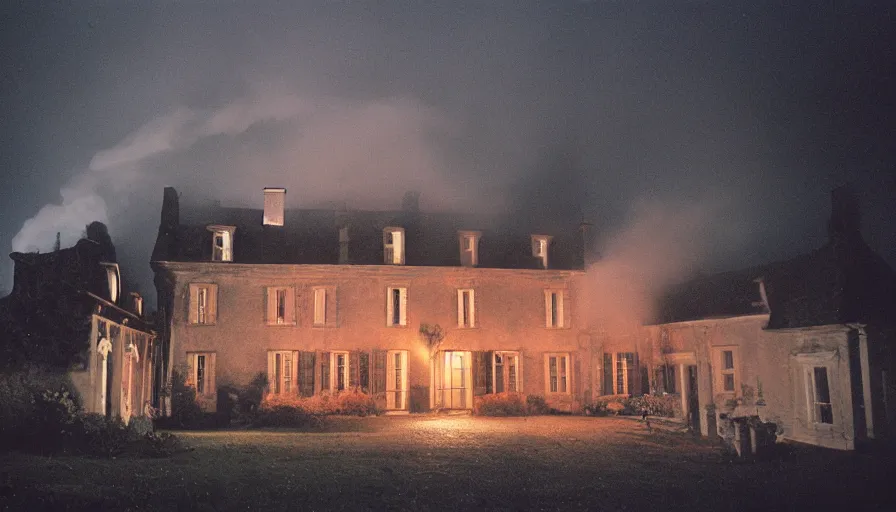 Image similar to 1 9 7 0 s movie still of a heavy burning french style manor in a small french village by night, rainy, foggy, cinestill 8 0 0 t 3 5 mm, heavy grain, high quality, high detail, dramatic light, anamorphic, flares