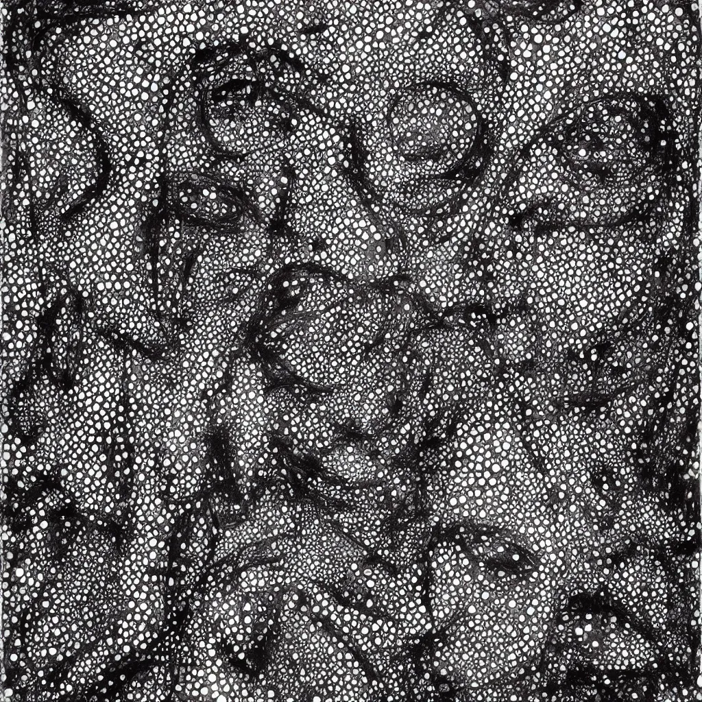 Image similar to camo made of eyes, technical, acrylic, teeth, eerie, tribal, clay, dotting, lines, stipple, points, cybernetic, style of old painting, francis bacon art, rei kawakubo art, hypnosis, eerie, terror, oil, neon, black and white background, splotches, colorful dots, ominous, terror, teeth, smiles