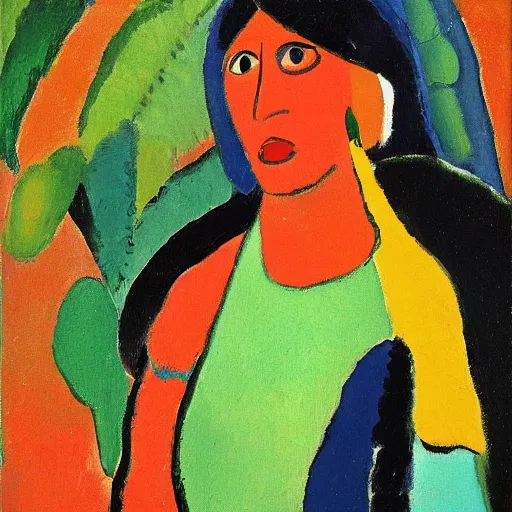 Image similar to painting of, young native american woman, full clothes on, in a jungle, by alexej von jawlensky