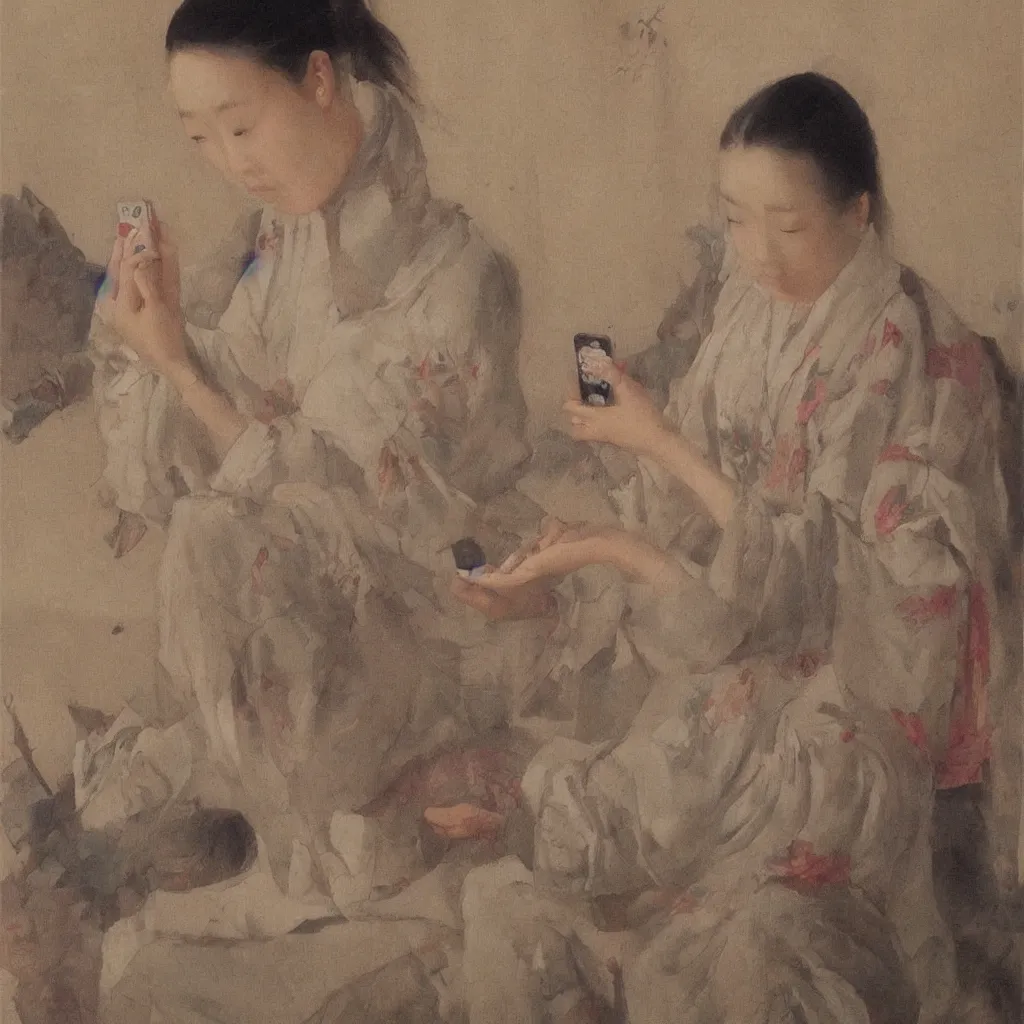 Image similar to i, a beautiful woman playing her iphone, by qibaishi