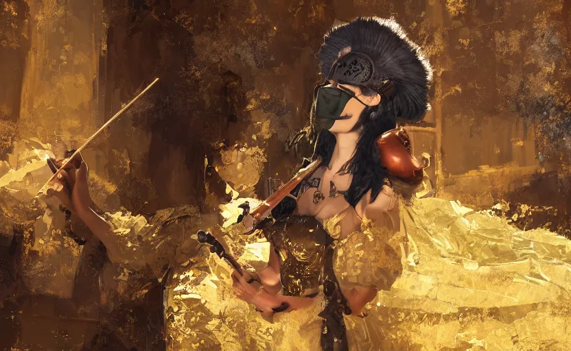 Image similar to craig mullins and ghibli digital art of on the stage of the theater, a masked female violinist performs alone, dressed in exotic costumes, gold jewelry, and black hair realistic shading, cinematic composition, realistic render, octane render, detailed textures, photorealistic, wide shot