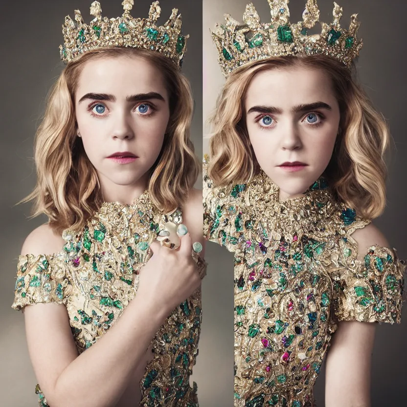 Prompt: kiernan shipka as queen, big crown adorned with emerald, diamonds, topaz and other jewellaries, sensual, beautiful soft light failling on her face, studio photography, nikon 3 5 mm portrait photography, ultra realistic