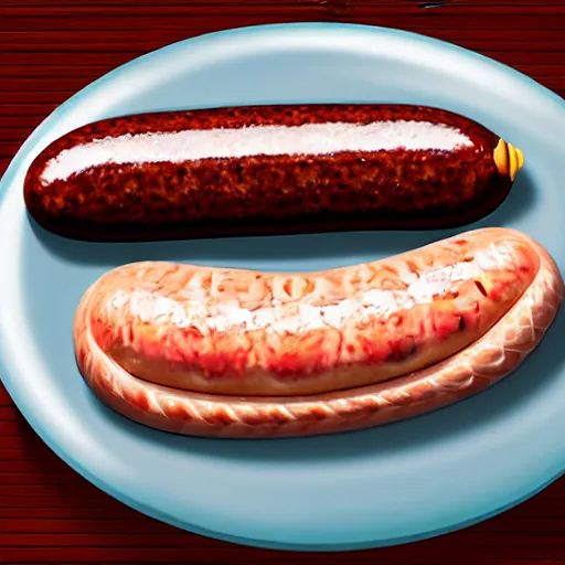 Image similar to photorealistic, half fish half sausage on a plate. sausage with the fins of a fish