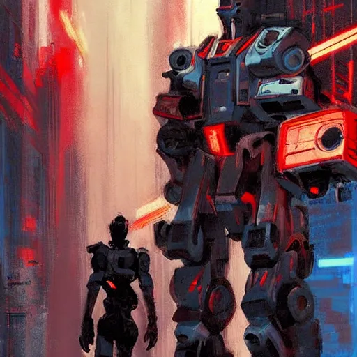 Image similar to arasaka mech, cyberpunk, art by jeff catherine jones, red and blue neon