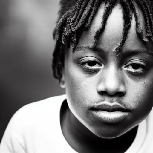 Image similar to the face of young juice wrld at 3 years old, black and white portrait by julia cameron, chiaroscuro lighting, shallow depth of field, 8 0 mm, f 1. 8