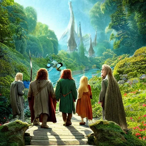 Image similar to the hobbits with gandalf are walking along the bridge to rivendell, the elves warmly welcome them, blue clear sky, vivid color, highly detailed, digital painting, artstation, matte, sharp focus, impressionnisme, art by shishkin and kuindzhi