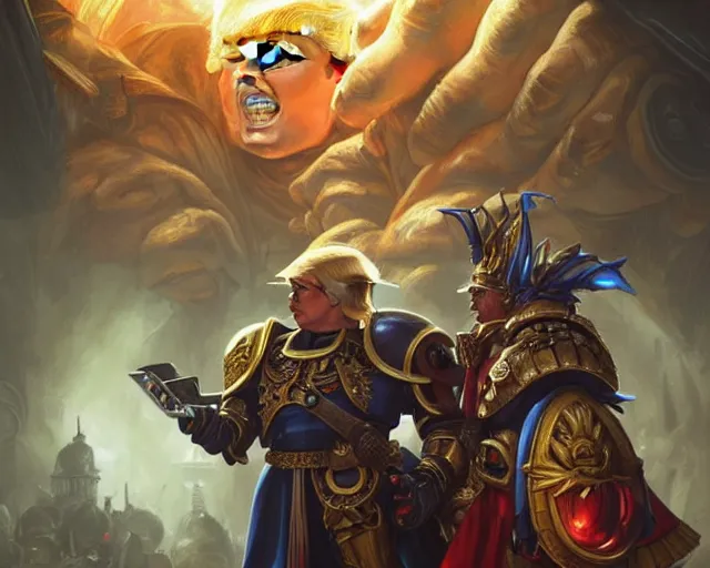 Image similar to photography of donald trump!!!, deep focus, warhammer 4 0 k, d & d, fantasy, intricate, elegant, highly detailed, digital painting, artstation, concept art, matte, sharp focus, illustration, hearthstone, art by artgerm and greg rutkowski and alphonse mucha