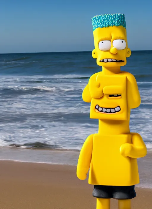 Prompt: professional photo of masculine and brutal bart simpson on the beach at noonday, blur background