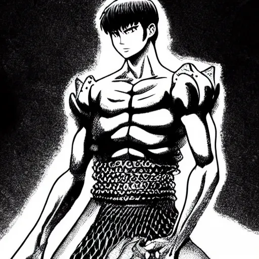 Image similar to pose of guts from berserk in the style of kentaro miura ’ s black and white manga art