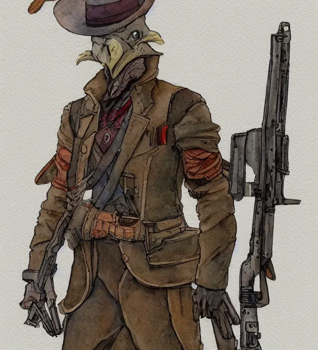 Prompt: a 3 / 4 view watercolor ink painting of an anthropomorphic bunny mercenary / gunslinger posing with their revolver - rifle in the style of jean giraud in the style of moebius trending on artstation deviantart pinterest detailed realistic hd 8 k high resolution